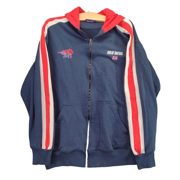 Great Britain Full Zip Hoodie Womens Size XL Blue Red Striped Embroidered Logo - Picture 1 of 12